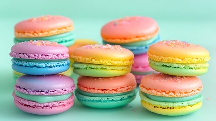 A stack of rainbow macarons on a pastel mint green background