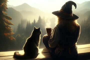Witch and cat enjoy sunrise view.