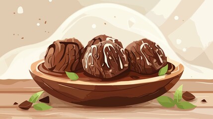 Exquisite Gourmet Dessert Chocolate Ice Cream on Wooden Plate