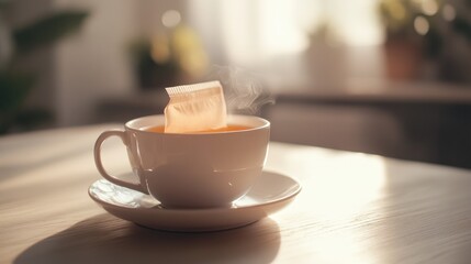 Fototapeta premium Steam rising from a tea bag steeping in a warm cup of tea on a sunlit table with a cozy atmosphere