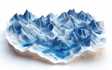Obraz premium 3D render of a snow-capped mountain range with glacial lakes.
