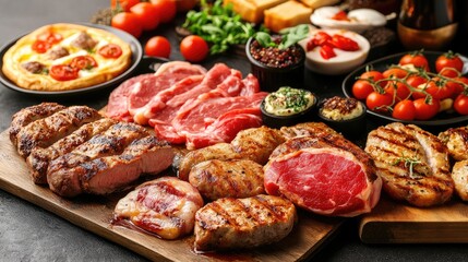 Delicious assortment of grilled meats and desserts beautifully arranged for a gourmet menu presentation