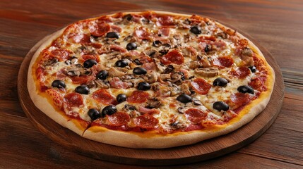 Delicious pizza topped with olives and various meats served on a rustic wooden table