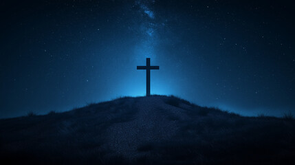 It is a night scene with stars in the sky. The cross on the hill is shining.