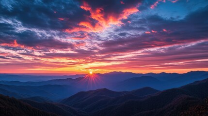 Fototapeta premium Majestic sunset timelapse over vibrant red and orange mountain landscape with dramatic clouds and serene valley view