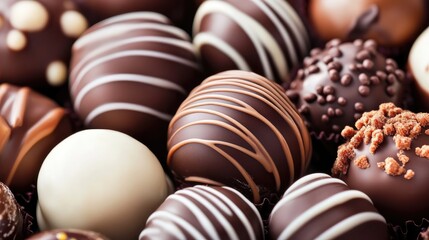 Fototapeta premium Decadent assortment of gourmet chocolate truffles with varying textures and toppings displayed artfully for a delightful dessert experience