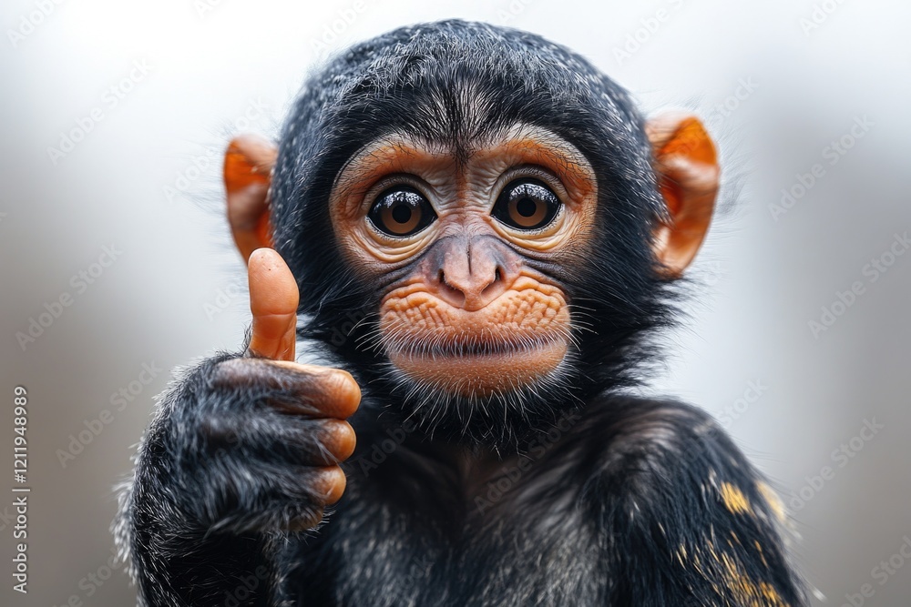 Poster close-up shot of a mischievous monkey with its finger raised in protest or defiance
