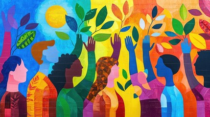 An artistic representation of a social justice mural, showcasing themes of equality and community