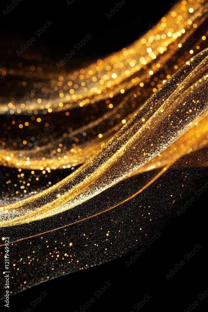 Poster a detailed view of a golden wave shape on a dark background