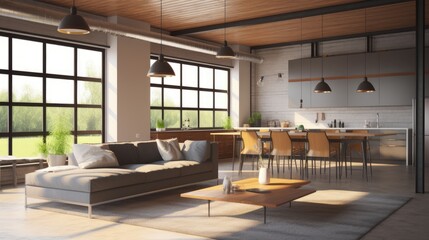 Naklejka premium Sunlit Loft Apartment: Modern open-plan living space featuring a comfortable chaise lounge, stylish kitchen island, and expansive windows showcasing a verdant outdoor view.