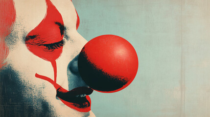 Vintage-style close-up of a clown face with red nose
