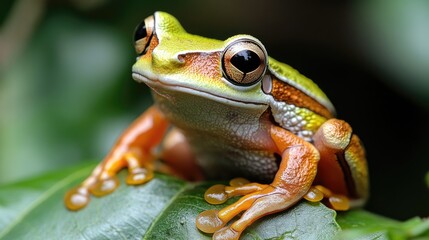 Obraz premium Striped tree frog perched on a green leaf showcasing vibrant colors and unique patterns in natural habitat setting