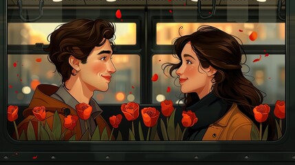 Love blooms in subway ads, captured in a heartwarming flat design relationship illustration