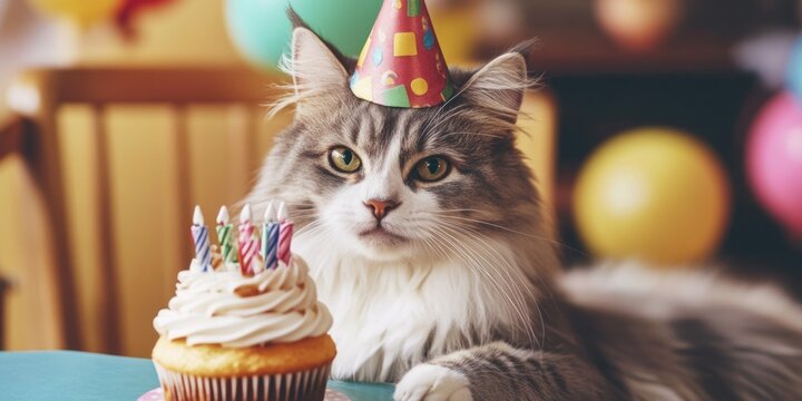 A curious cat sits next to a decorated cupcake, wearing a festive party hat