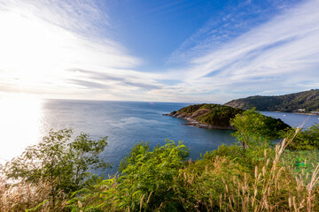 Background of the atmosphere of the sunset at the Phuket seaside, the sunset viewpoint from Promthep Cape, with a beautiful colorful sky.