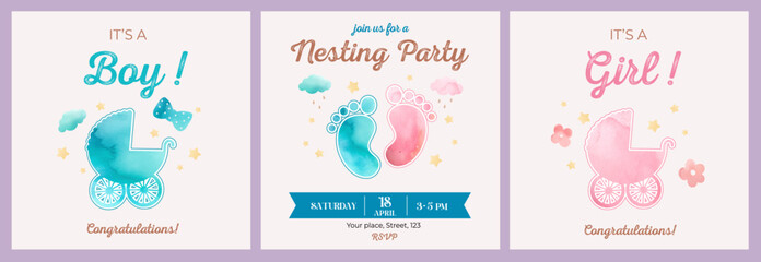 Nesting party watercolour invitation card, celebrating, newborn, decoration, vector illustration, 