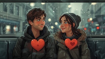 Love blooms in subway ads, captured in a heartwarming flat design relationship illustration
