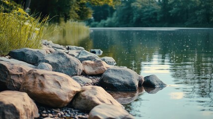 Fototapeta premium Tranquil lakeside scene with large stones and lush greenery reflecting peaceful summer vibes in nature.