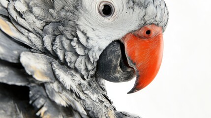 Obraz premium Close-up of African Grey Parrot Tonge with Textured Feathers on Isolated White Background for Wildlife and Nature Illustrations