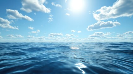 Fototapeta premium Tranquil ocean waves under a bright blue sky with fluffy clouds and sun reflecting on the water surface creating a serene coastal atmosphere