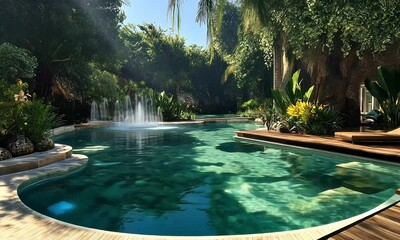 Tranquil tropical pool surrounded by lush greenery and vibrant flowers under sunlight creating a peaceful retreat in a serene outdoor environment with soothing water features