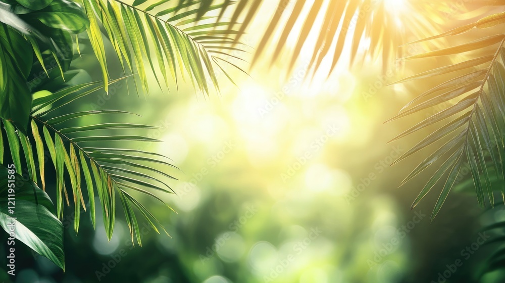 Leinwandbilder Tropical palm tree leaves with blurred nature background creating a serene atmosphere for design and text placement.