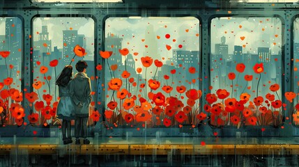 Love blooms in subway ads, captured in a heartwarming flat design relationship illustration