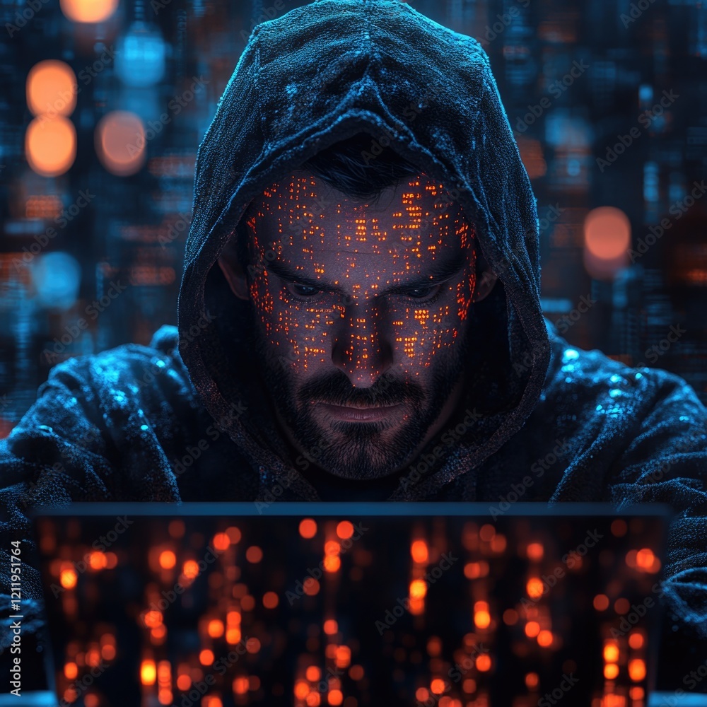 Poster a person sitting in front of a computer, wearing a hoodie and focused on the screen