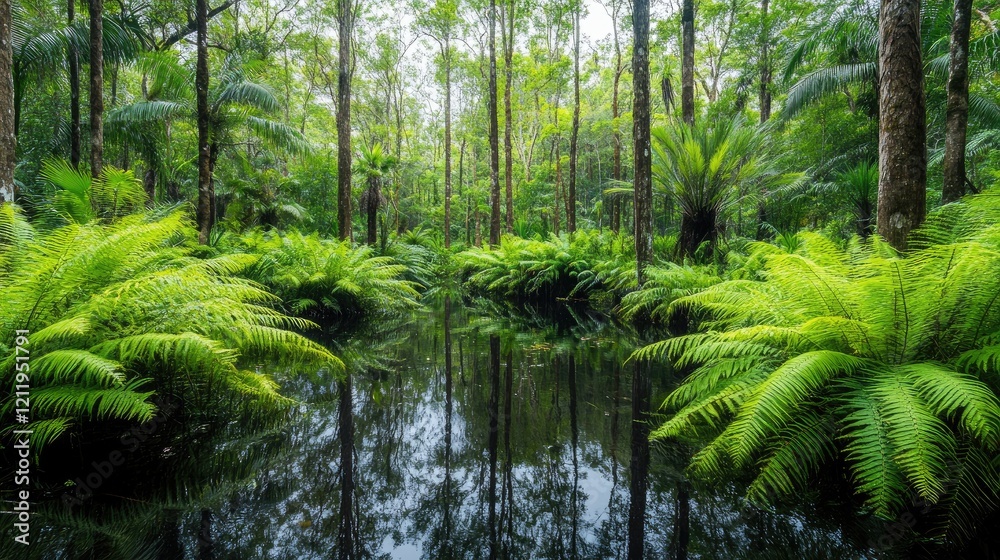 Poster lush tropical rainforest with vibrant ferns and palm trees surrounding a serene river reflecting the