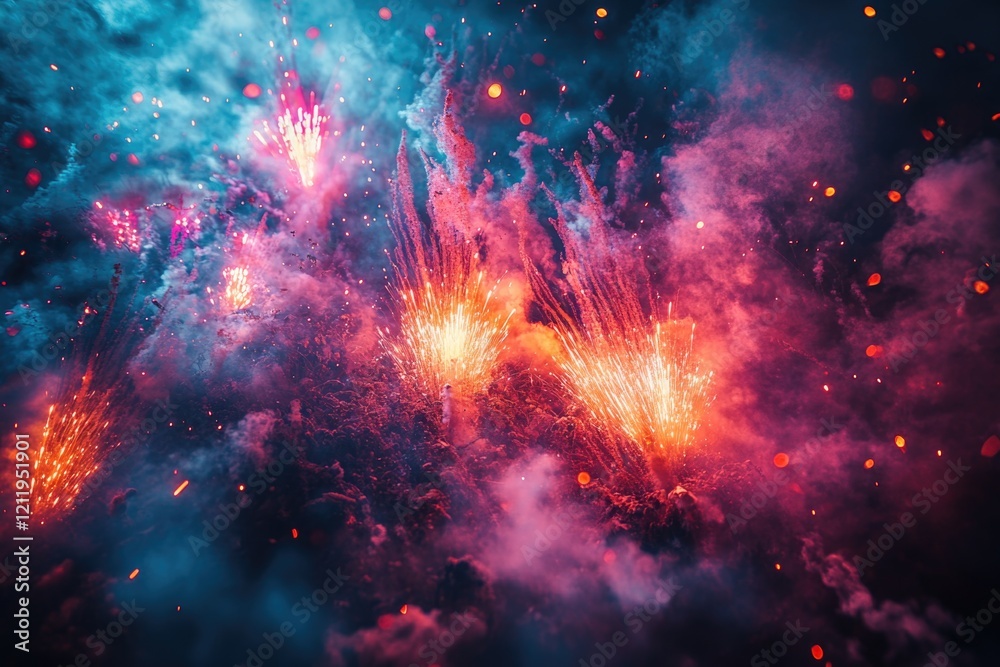 Poster a burst of colorful fireworks exploding in the evening sky, perfect for celebrations and events