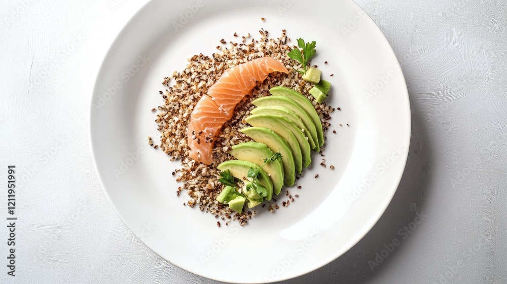 Aufkleber Trout flakes and avocado slices served on a white plate with quinoa creating a healthy and visually appealing meal presentation.