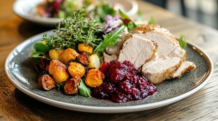 Roasted meat with cranberry sauce served on a plate with garnished salad and colorful roasted vegetables for a festive dining experience