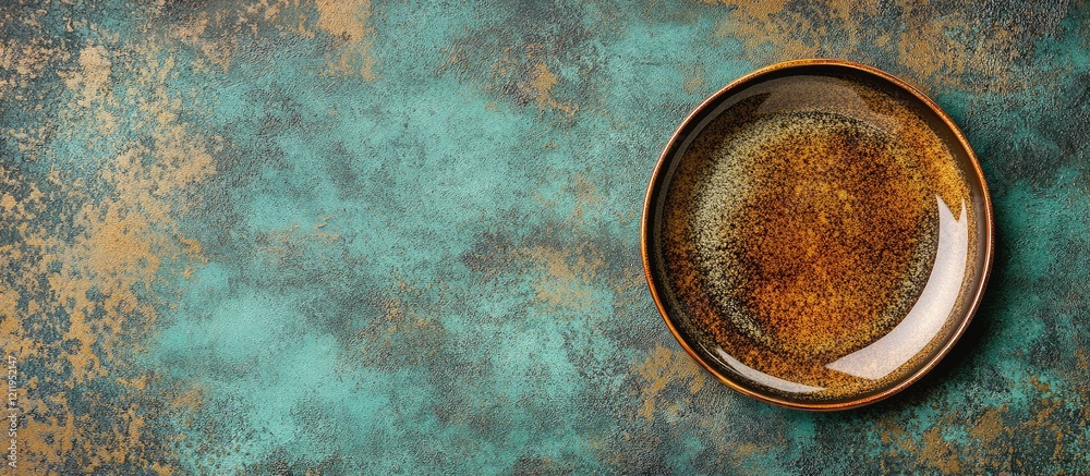 Poster Flat Lay of Earthy Brown Plate on Turquoise Textured Tabletop with Minimalist Style and Empty Space for Text or Design Elements