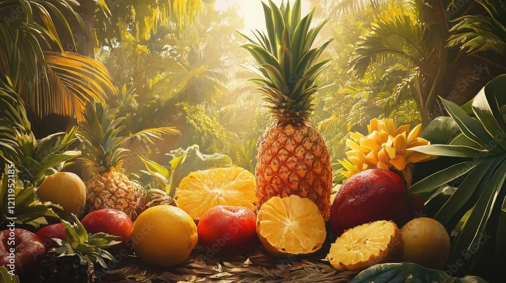 Poster tropical fruits arranged beautifully in a lush jungle setting with sunlight filtering through the fo