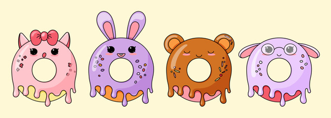 Set of cute donuts in the form of animals. Sweet dessert with face, eyes, smile and ears. Pink cat, rabbit, bear. Colorful isolated flat vector illustration