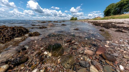 Obraz premium Rocky seashore, shallow water, sunny day, clouds, background sailboat
