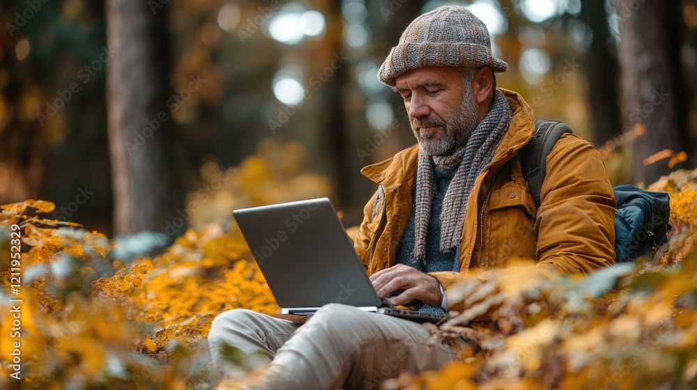 Poster a person sitting on a bench with a laptop, possibly working or browsing