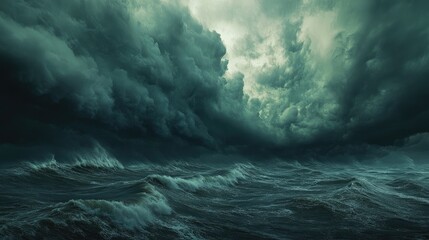 Fototapeta premium Dramatic dark storm clouds looming over turbulent ocean waters capturing the intensity of impending severe weather conditions