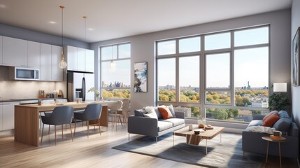 Fototapeta premium Modern Open-Concept Living: A spacious and modern open-plan living space featuring a sleek kitchen with island seating seamlessly flowing into a comfortable living room.