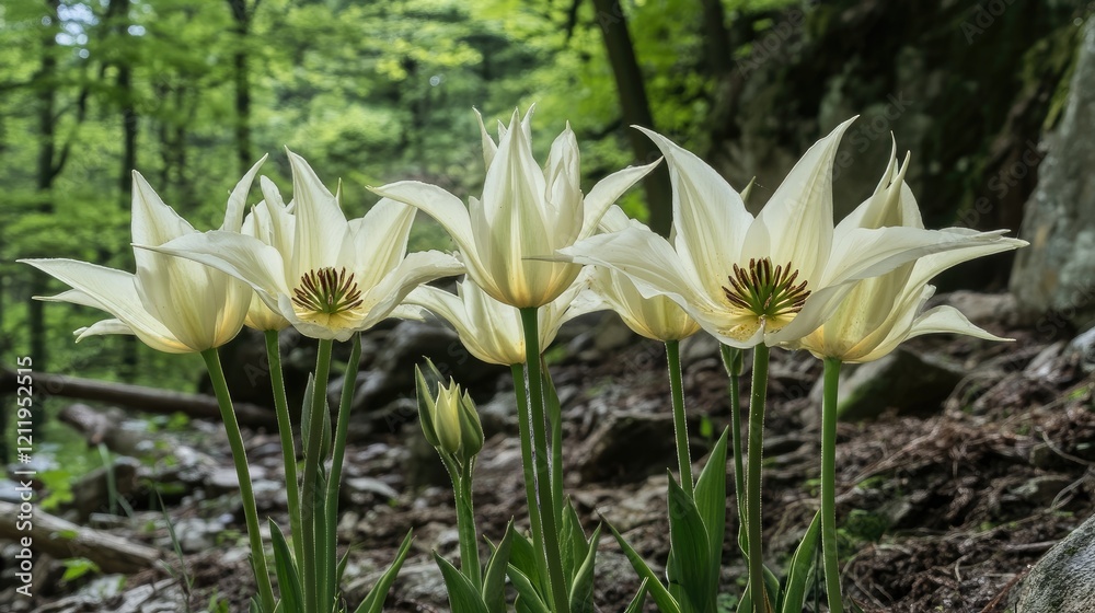 Poster Elegant Tulipa batalinii flowers in a lush green forest setting showcasing their unique shape and delicate cream color.