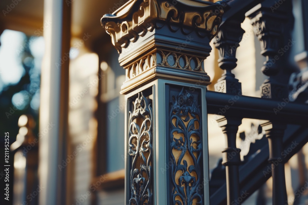 Aufkleber A close-up shot of a metal railing with a building in the background, perfect for use in architectural or interior design projects
