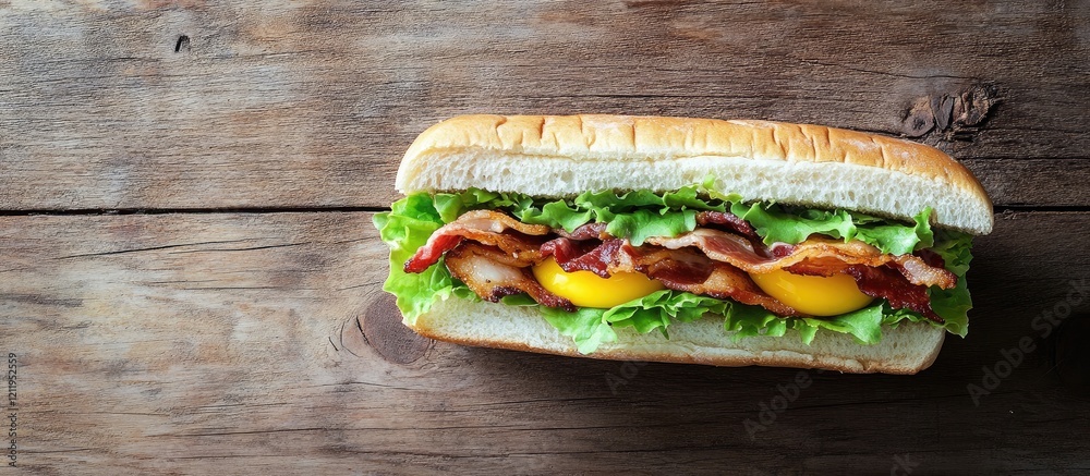 Poster delicious breakfast sandwich featuring crispy bacon, fresh lettuce, and a perfectly cooked egg, posi