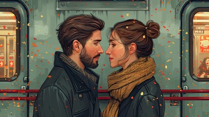 Love blooms in subway ads, captured in a heartwarming flat design relationship illustration