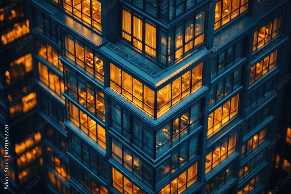Poster a nighttime scene of a tall building with many windows lit up, great for use in urban or cityscape t