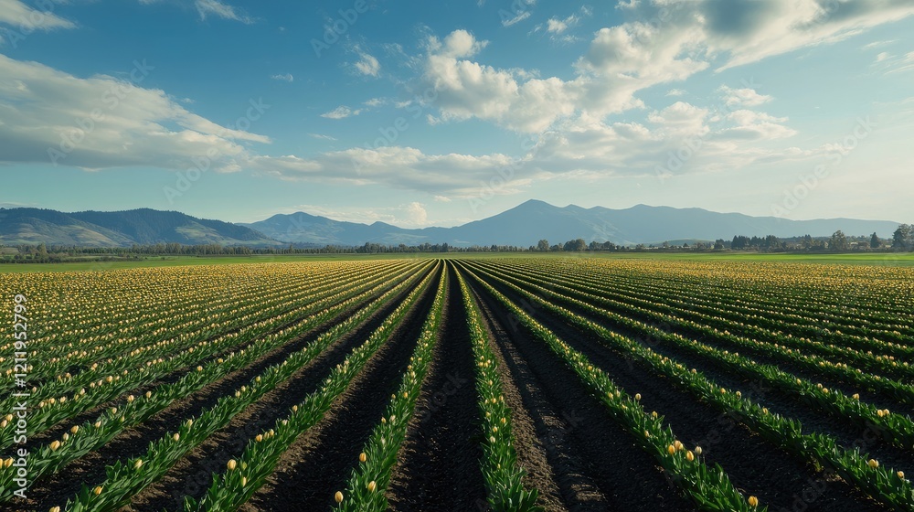 Aufkleber Vibrant tulip fields under a clear sky with mountains in the background showcasing rows of blooming flowers in springtime beauty.