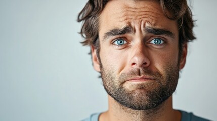Fototapeta premium Close up of a man with tired facial expression against a plain background reflecting feelings of exhaustion and emotional fatigue.
