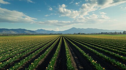 Vibrant tulip fields under a clear sky with mountains in the background showcasing rows of blooming flowers in springtime beauty.