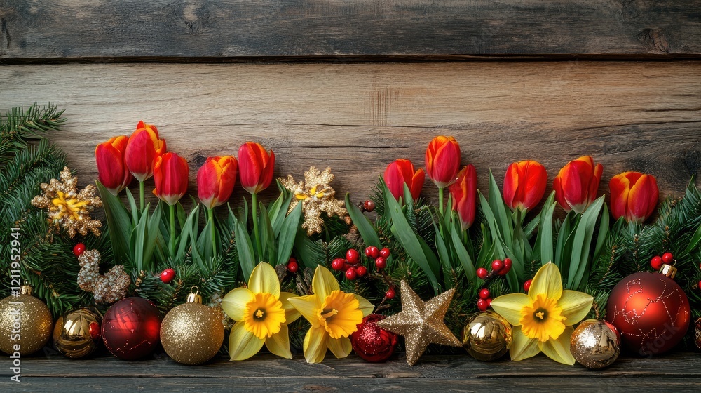 Poster festive arrangement of tulips and daffodils with christmas ornaments on rustic wooden background amp