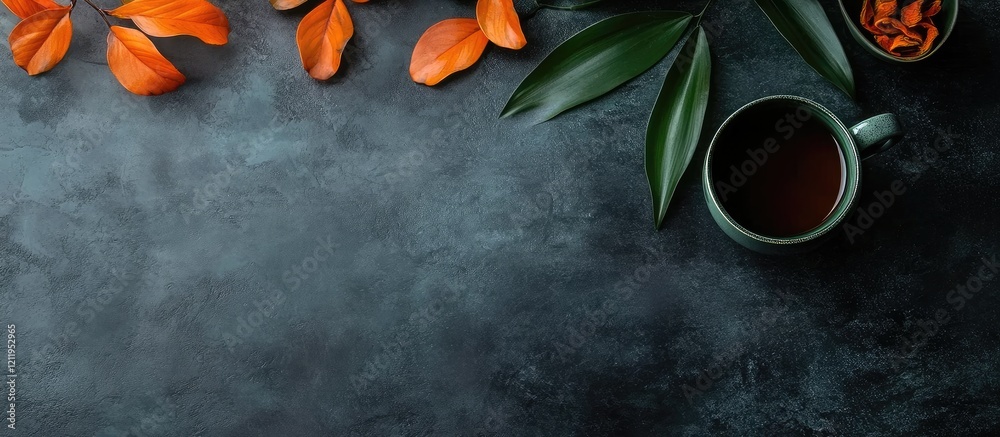 Poster steaming black tea in a large dark green teacup on a rustic writing desk with orange leaves and gree