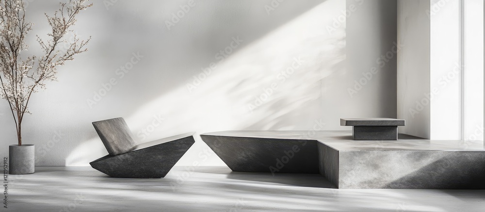 Poster contemporary minimalist living space in cool gray tones featuring geometric furniture and subtle lux